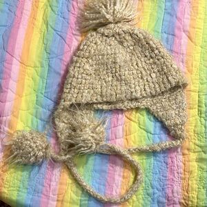 🌈 Fuzzy Pom Pom hat hand knit silk blend